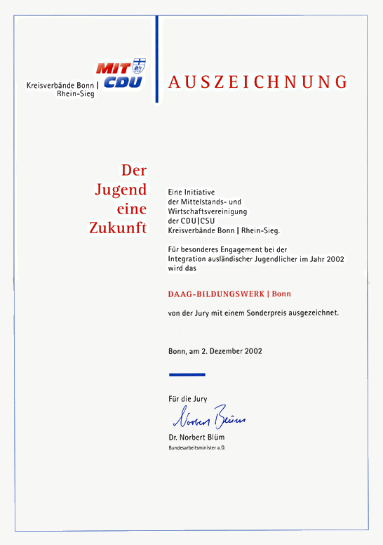 Sonderpreis der Mittelstands- und Wirtschaftsvereinigung des CDU-Kreisverbandes Bonn